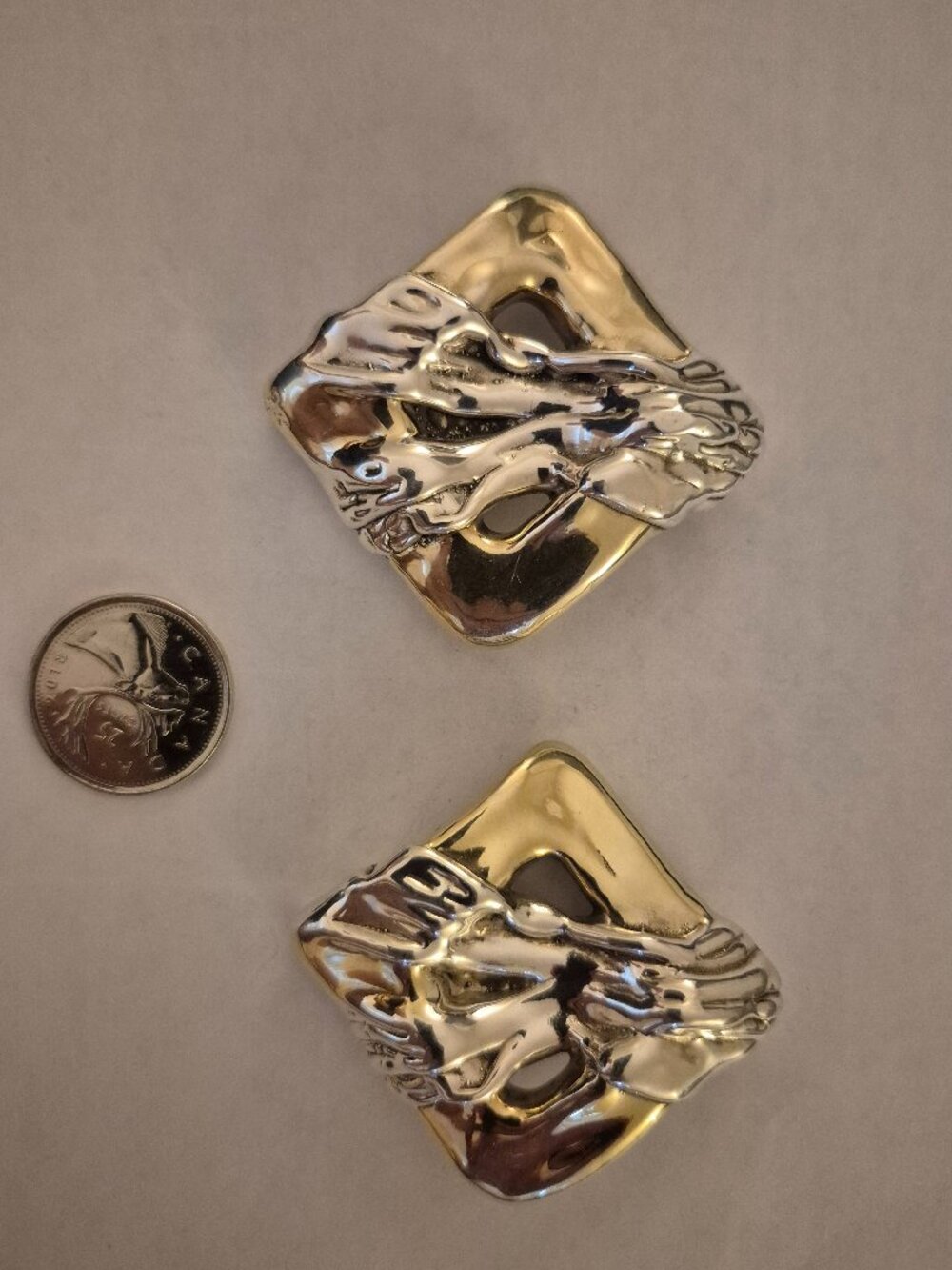 Vtg Bat-Ami Sterling Silver .925 Two Tone Electroform Statement Clip Earrings